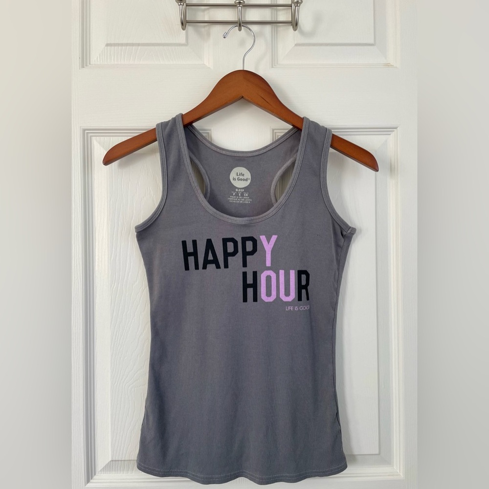 Life Is Good Gray Tank Top with Happy Hour Print